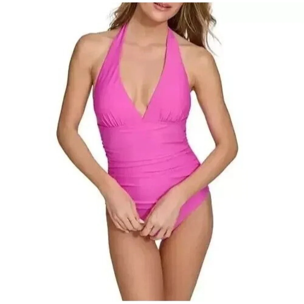 DKNY Women's Tie-Back Halter-Style Plunge neckline one piece swimsuit Pink L - Picture 4 of 9